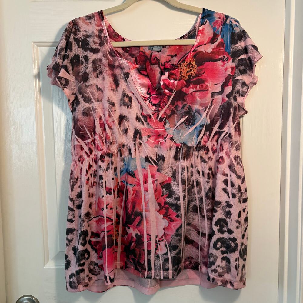 OneWorld Sleep Pajama Top XL Pink Floral Leopard Print Short Sleeve Tunic